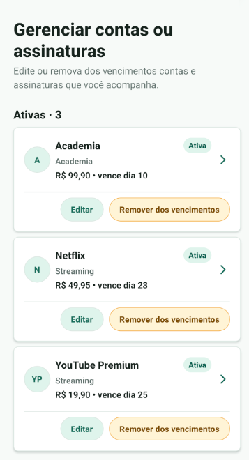 Tela Gerenciar contas do app Já Paguei