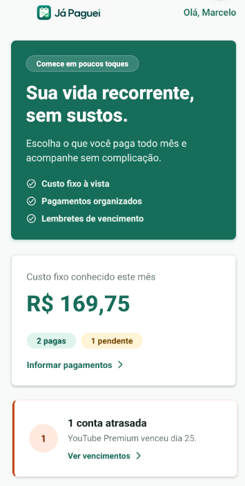 Tela Home do app Já Paguei