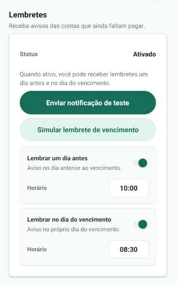 Tela Lembretes do app Já Paguei