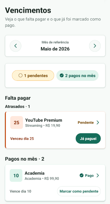 Tela Vencimentos do app Já Paguei